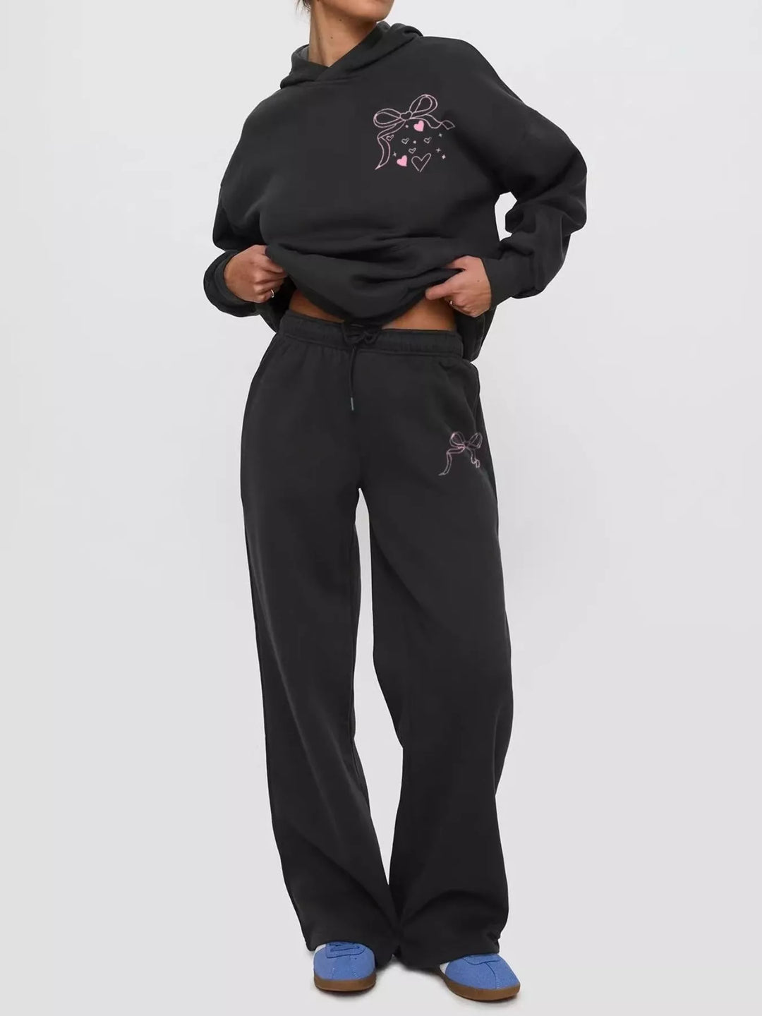 Bow print hoodie and wide leg sweatpants in black, front view 2