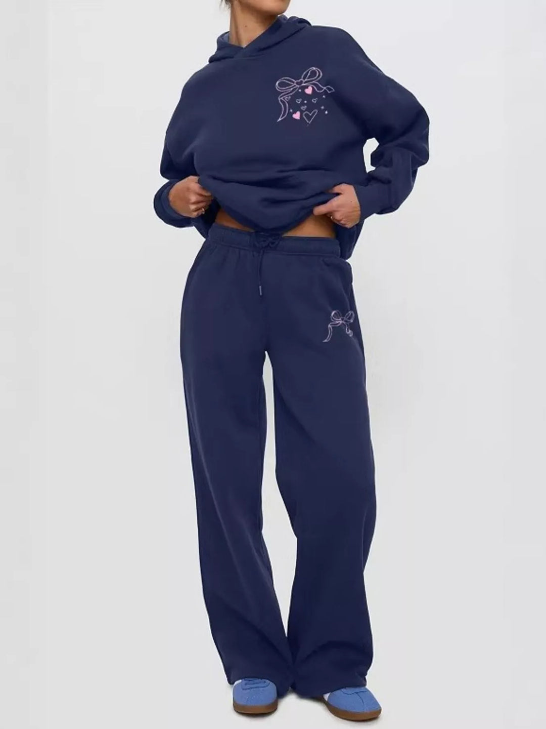 Bow print hoodie and wide leg sweatpants in blue, front view