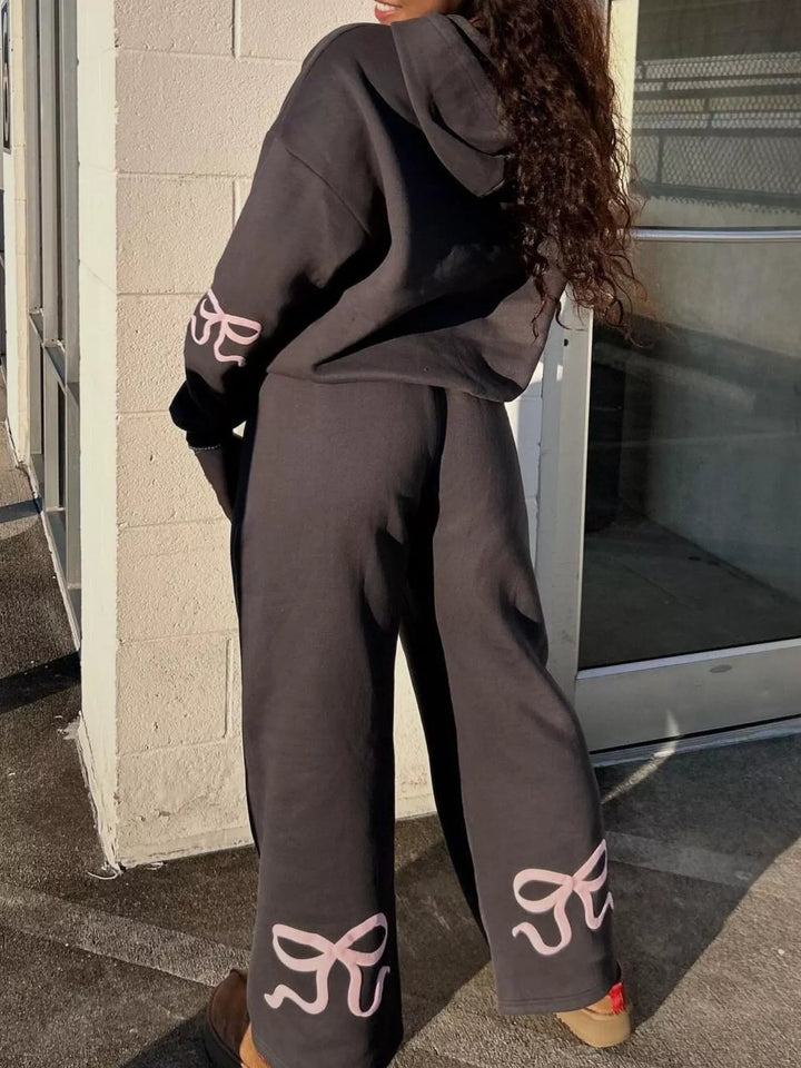 Bow print hoodie and wide leg sweatpants in grey, back view 2