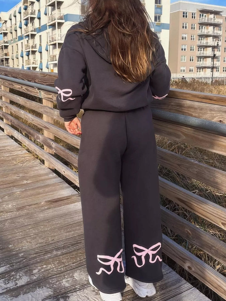 Bow print hoodie and wide leg sweatpants in grey, back view 3