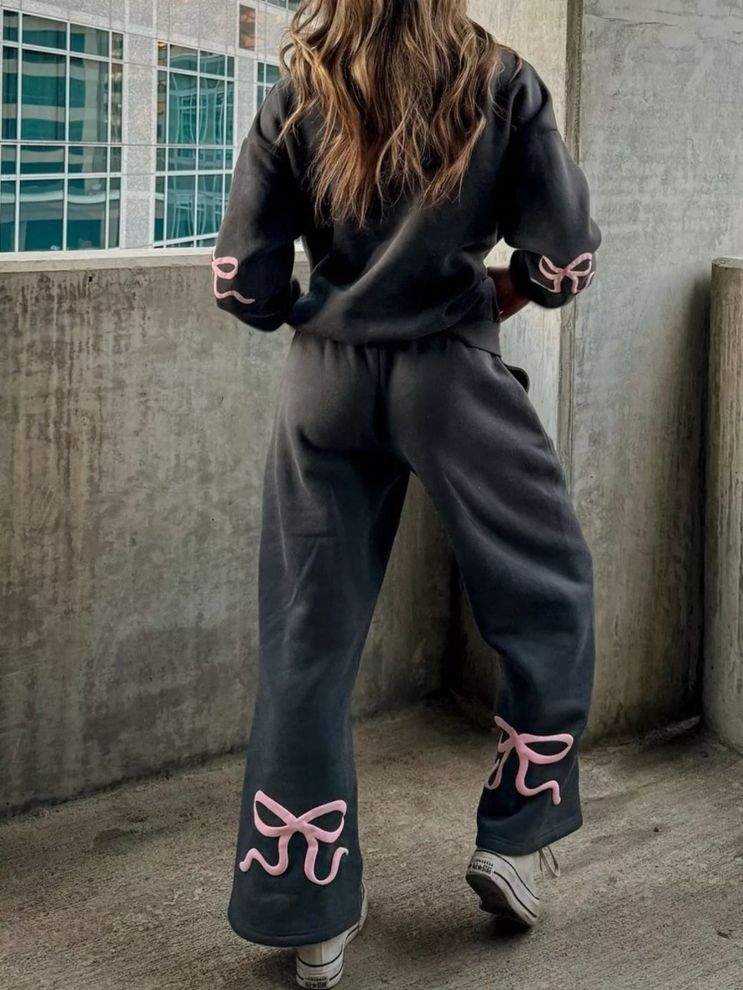 Bow print hoodie and wide leg sweatpants in grey, back view 4