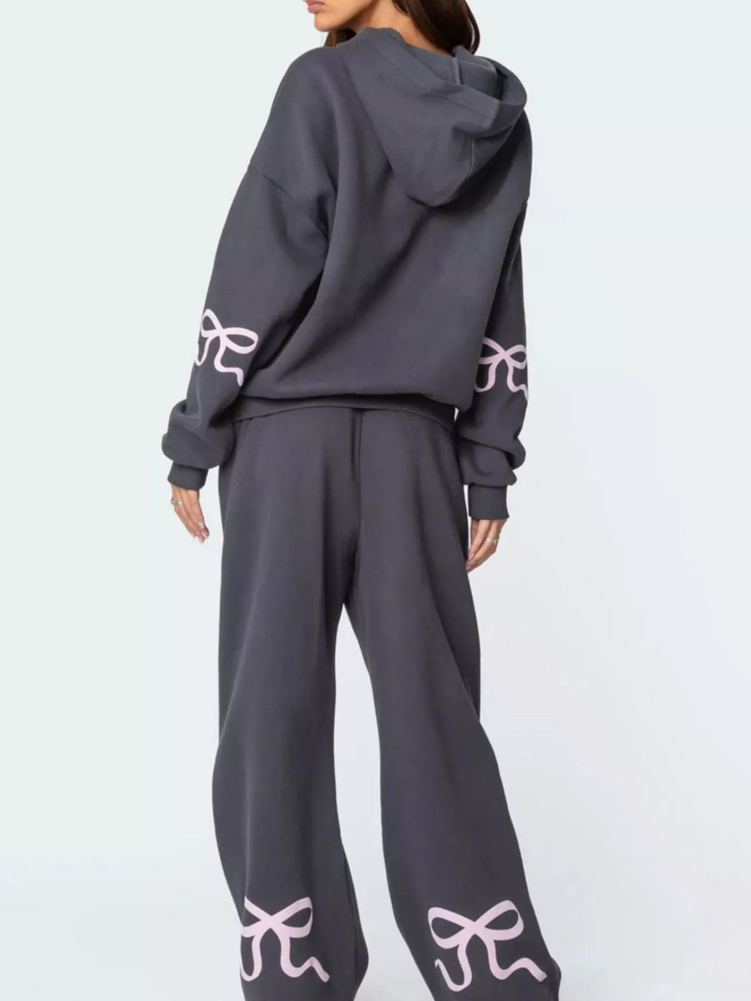 Bow print hoodie and wide leg sweatpants in grey, back view
