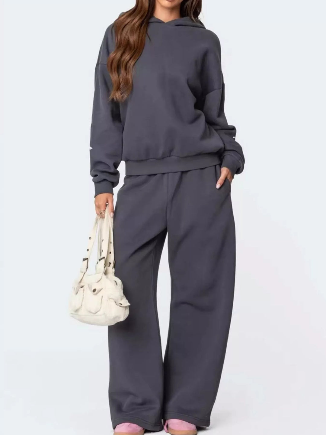 Bow print hoodie and wide leg sweatpants in grey, front view