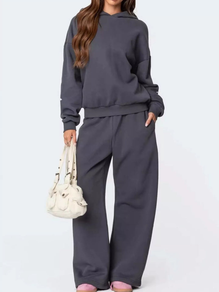 Bow print hoodie and wide leg sweatpants in grey, front view