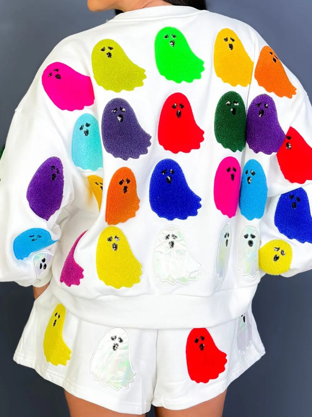 Ghost print sweatshirt and shorts in white, back view