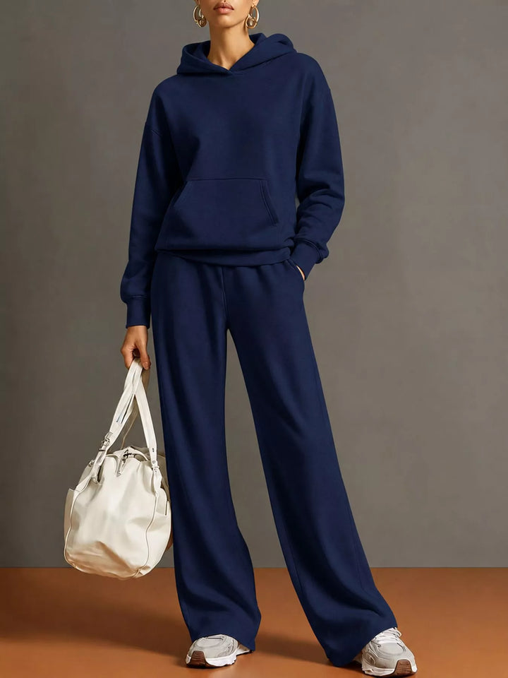 Kangaroo pocket hoodie and wide leg pants in navy, front view