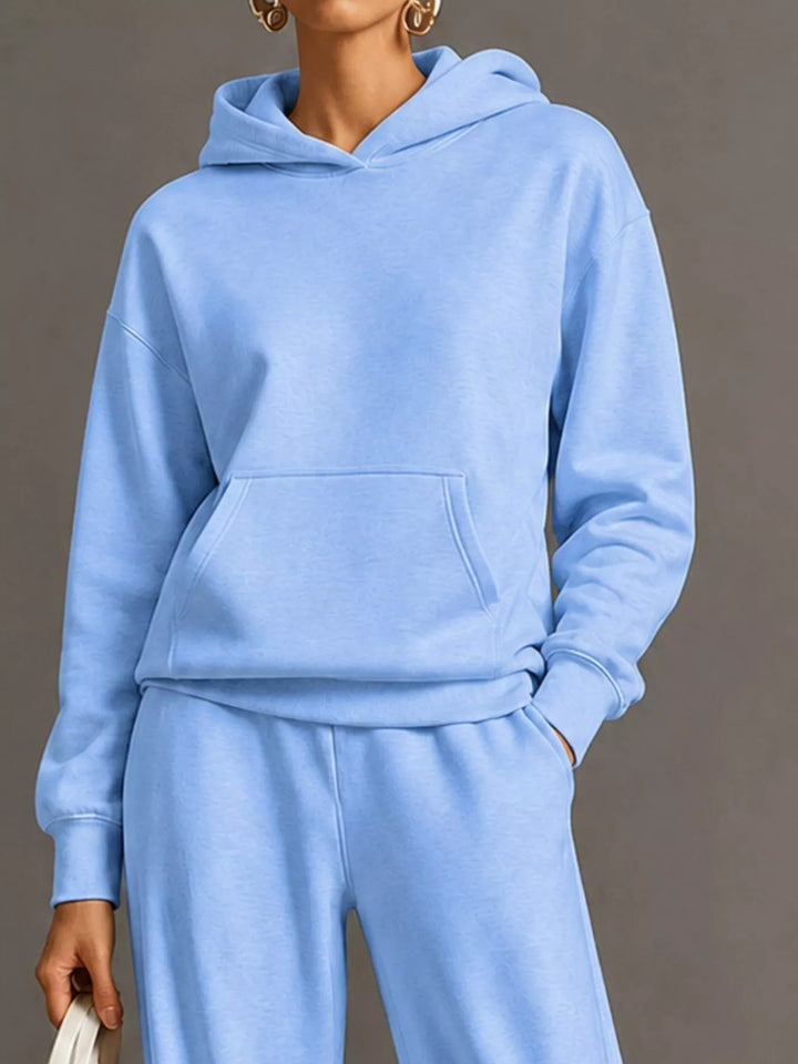 Kangaroo pocket hoodie and wide leg pants in royal blue, close-up detail