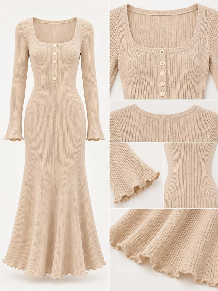 Close-up of the button front on the apricot sweater dress