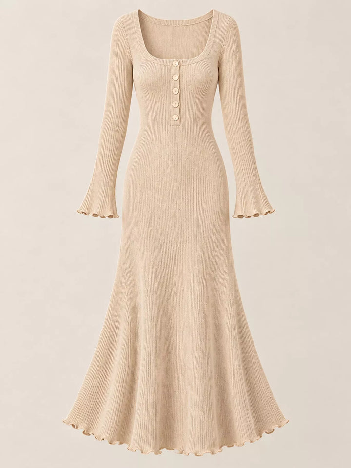 Apricot sweater dress shown flat with button front