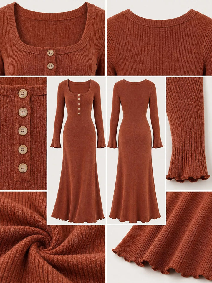 Close-up of the button front on the coral sweater dress