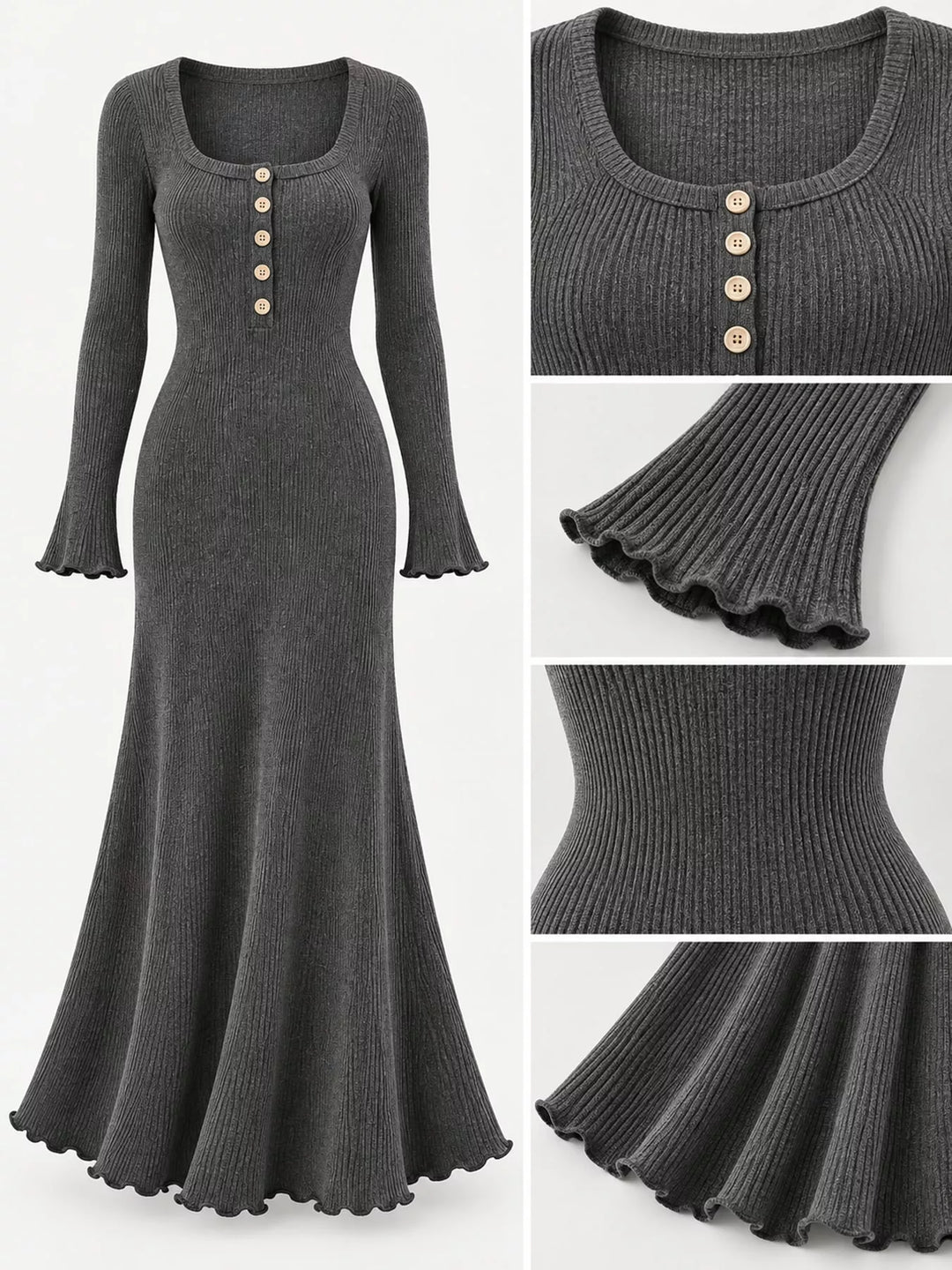 Close-up of the button front on the gray sweater dress