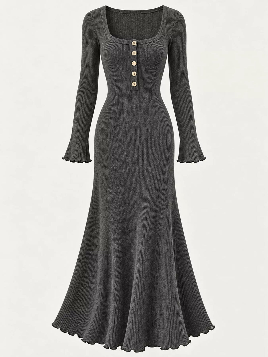 Gray sweater dress shown flat with button front
