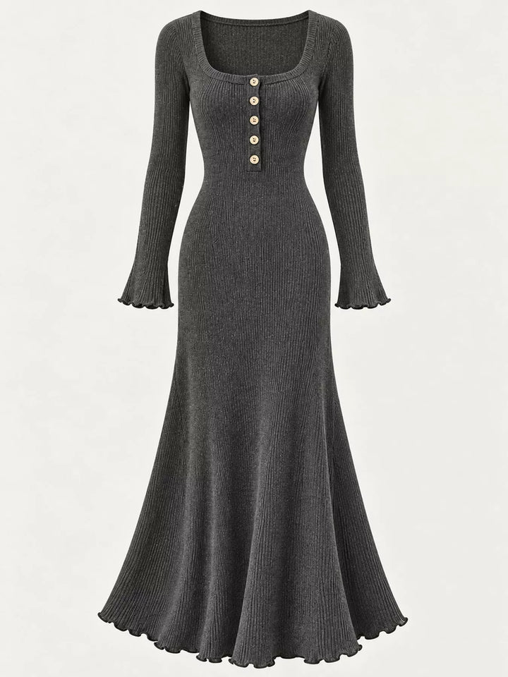 Gray sweater dress shown flat with button front