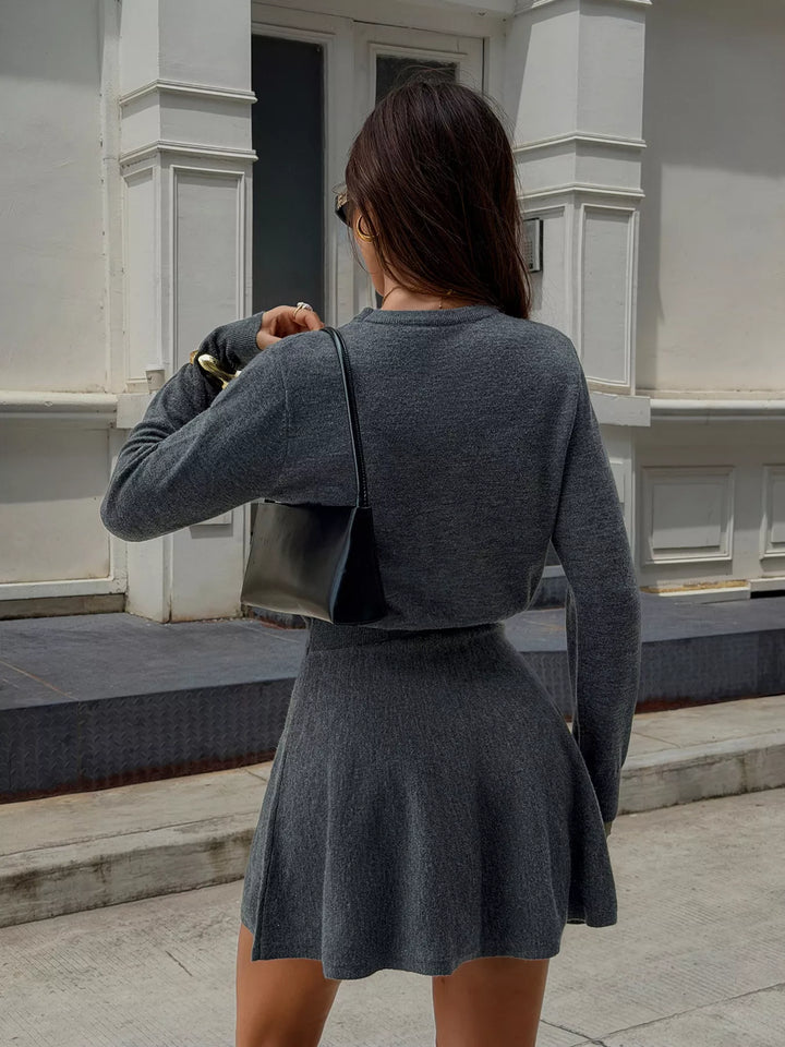 Gray sweater dress back view showing the crew neck