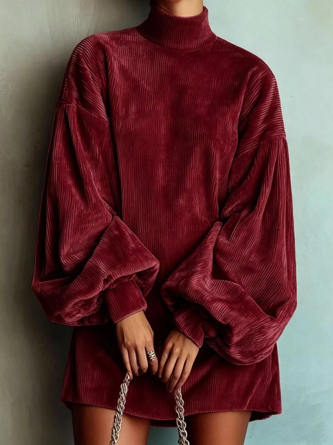 Burgundy sweater dress front view with ribbed knit look