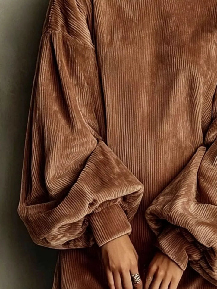 Coffee brown sweater dress front view with ribbed knit look