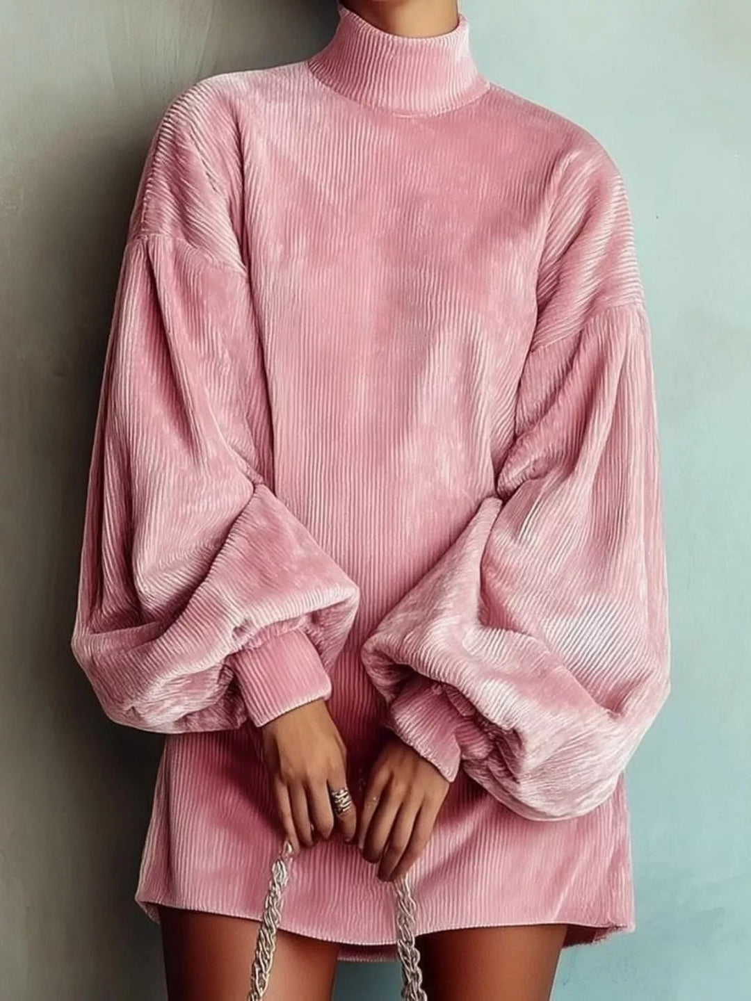 Pink sweater dress front view with ribbed knit look