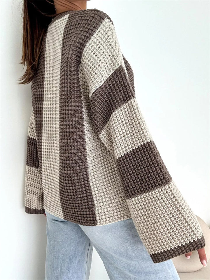 Back view of the beige and brown stripe waffle knit sweater