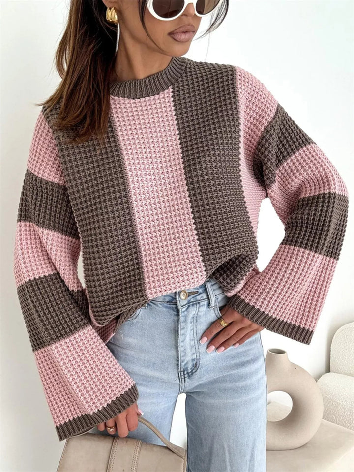 Pink and brown color block waffle knit sweater with wide flared sleeves