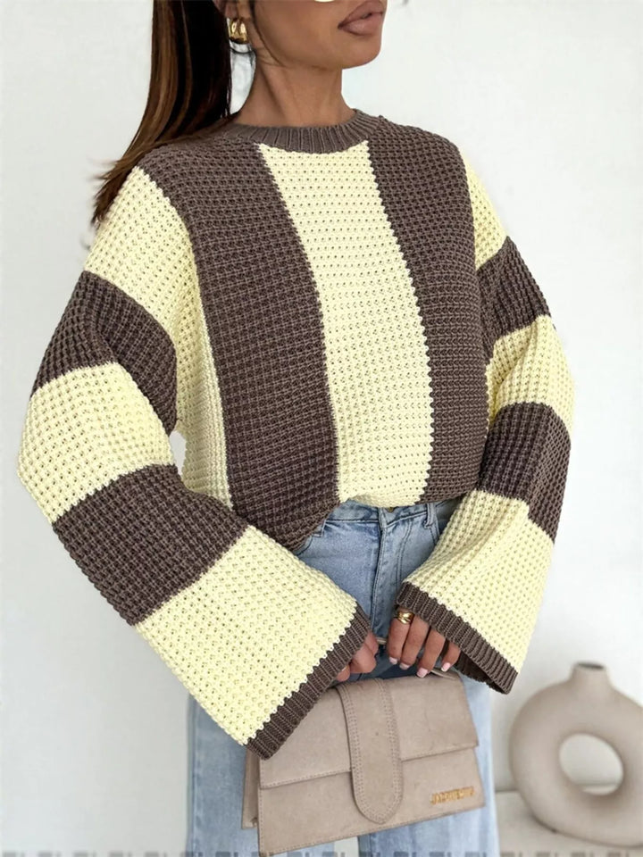 Women's oversized waffle knit sweater with yellow and brown color block stripes