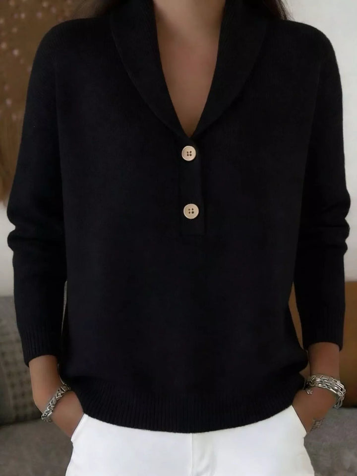Black V neck sweater with wooden buttons, closer front view