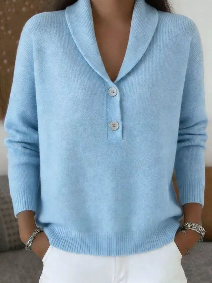 Light blue shawl collar sweater with button placket, front view