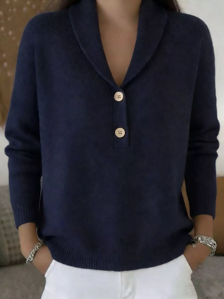 Navy V neck sweater with shawl collar and two buttons, front view