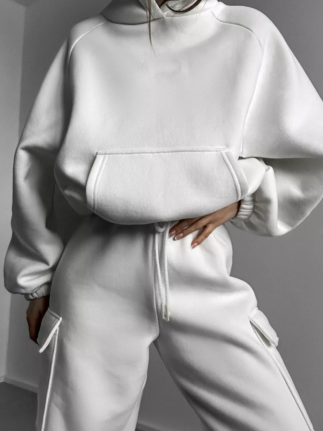 White hoodie and cargo joggers set with front kangaroo pocket