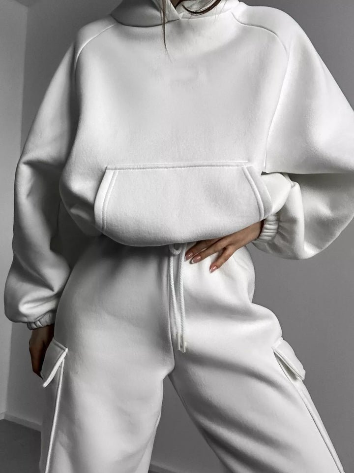 White hoodie and cargo joggers set with front kangaroo pocket