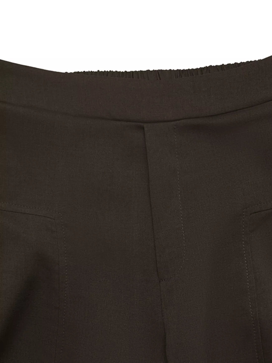 Close-up of the coffee brown trouser waistband and center pleat