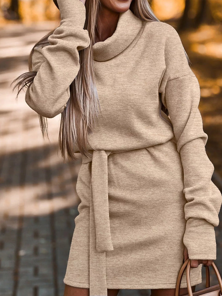 Women's sweater dress in khaki, belted long sleeve mini
