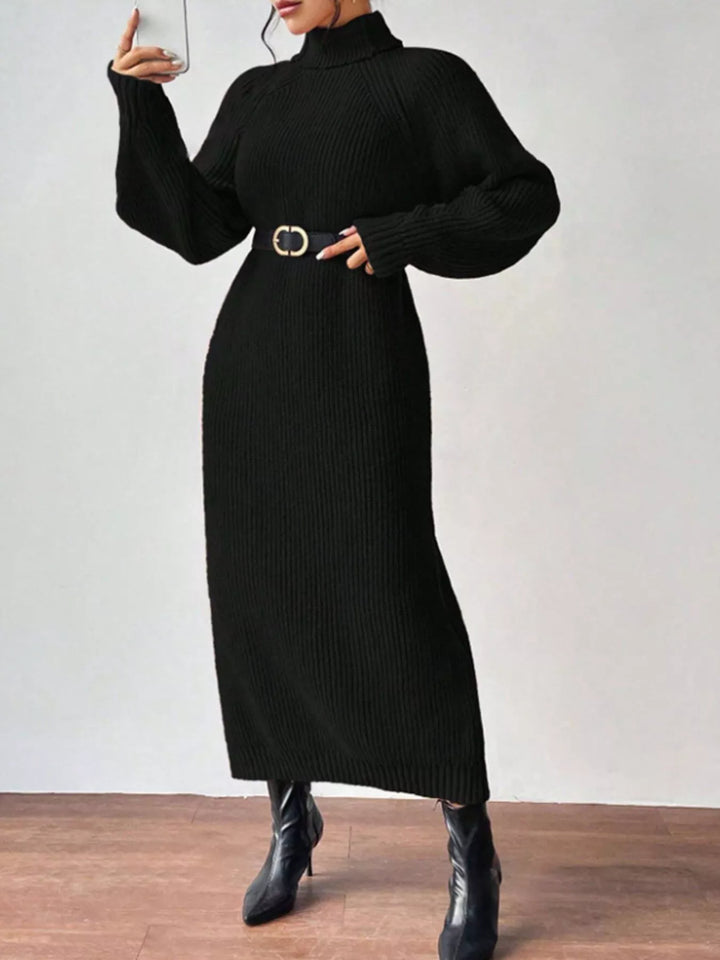 Black sweater dress front view with turtleneck