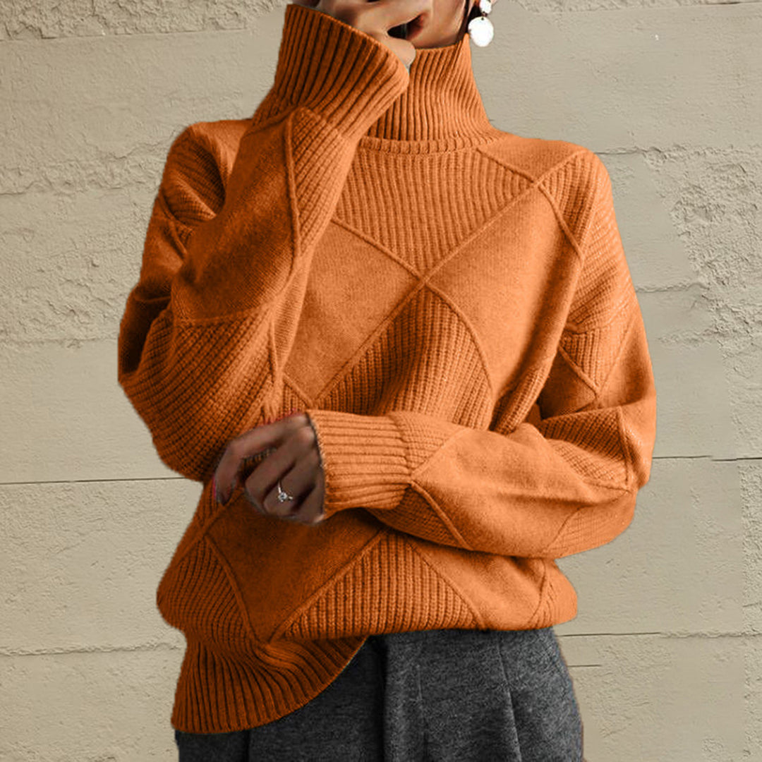 Burnt Orange oversized turtleneck sweater with a geometric diamond knit, front view