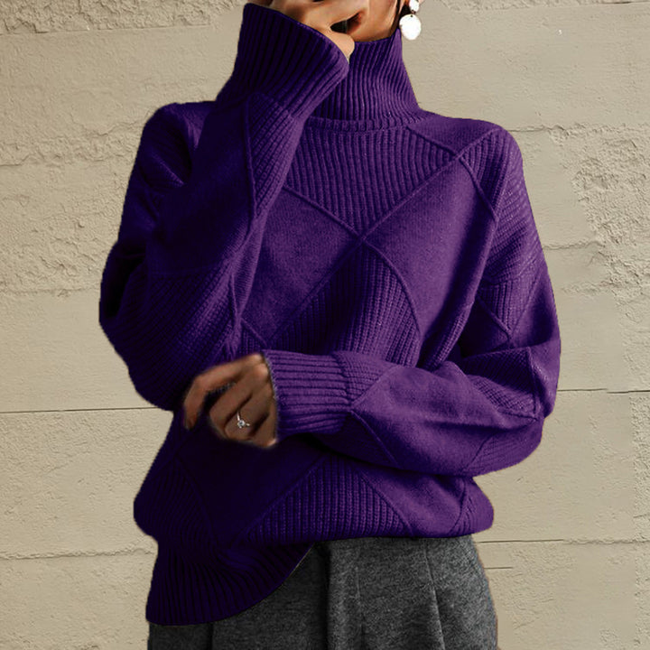 Deep Purple oversized turtleneck sweater with a geometric diamond knit, front view