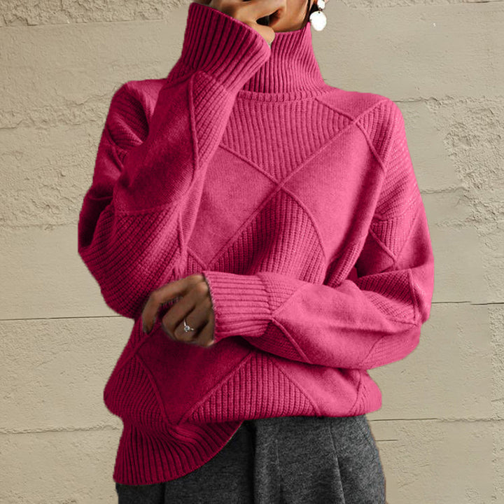 Women's turtleneck sweater in hot pink, oversized geometric diamond knit, front view