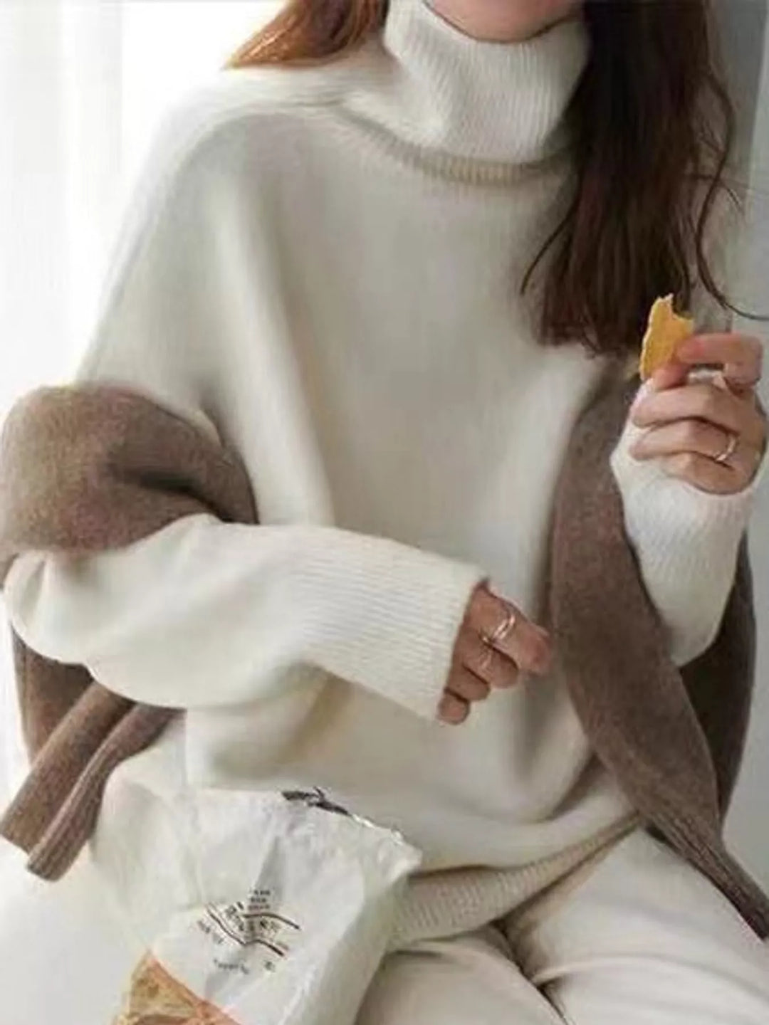 Oversized thermal dropped shoulder in white, styled on model 2