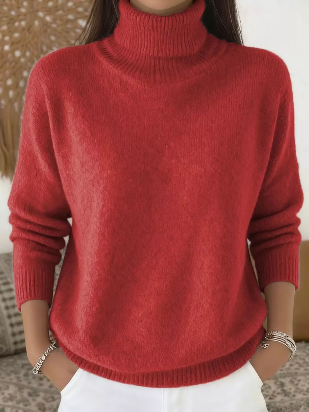 Soft fuzzy look long sleeve ribbed in red, front view