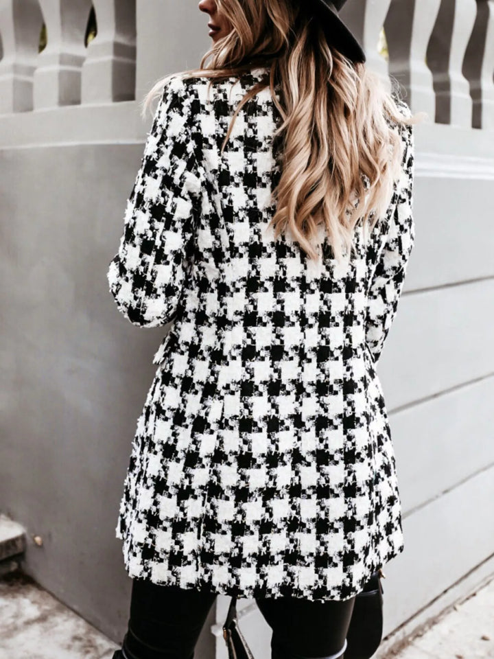 Back and side angle of the houndstooth tweed coat