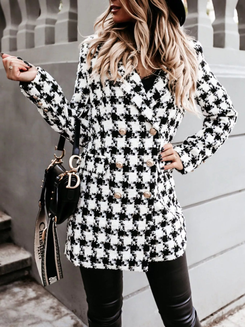 Houndstooth double breasted blazer coat with black bag and leather pants