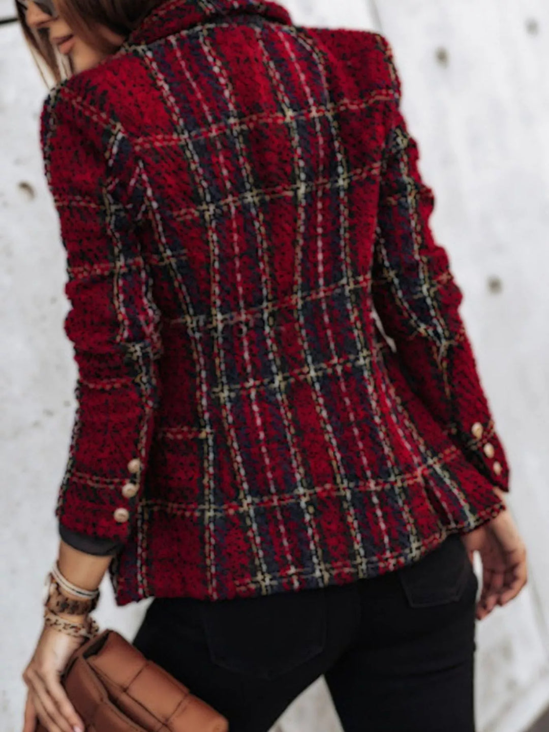 Plaid double-breasted gold-tone buttons in burgundy, back view