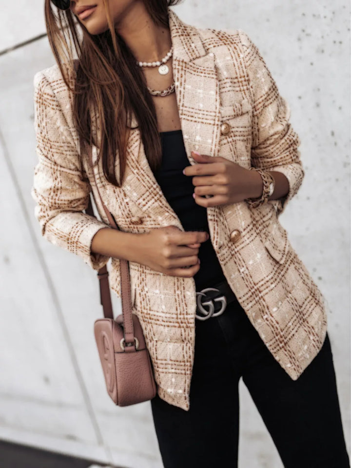 Plaid double-breasted gold-tone buttons in tan, front view