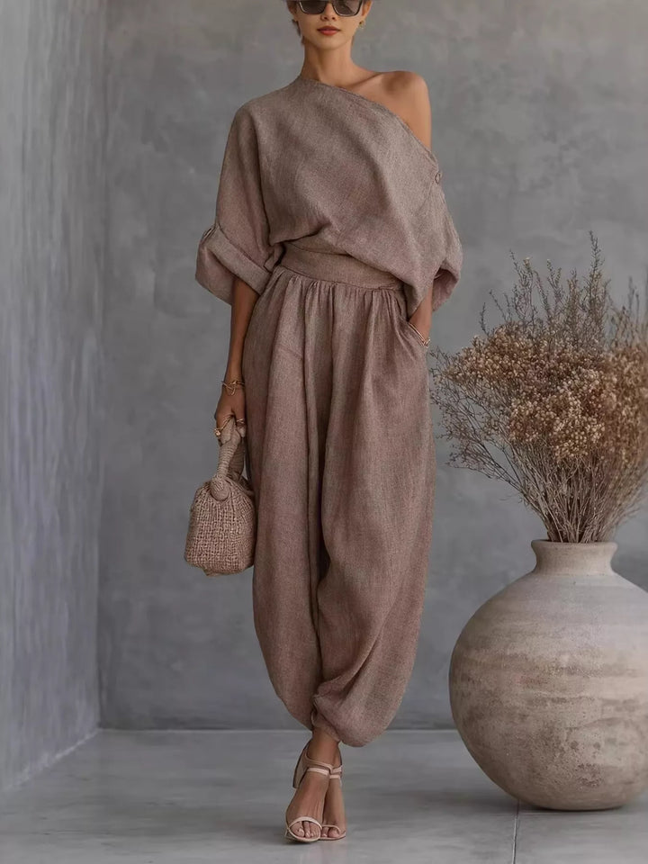 Mocha two piece set with one shoulder top and balloon pants, front view