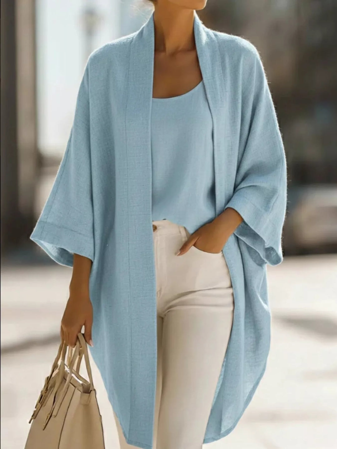 Women's sky blue two piece set with open front kimono cardigan and tank