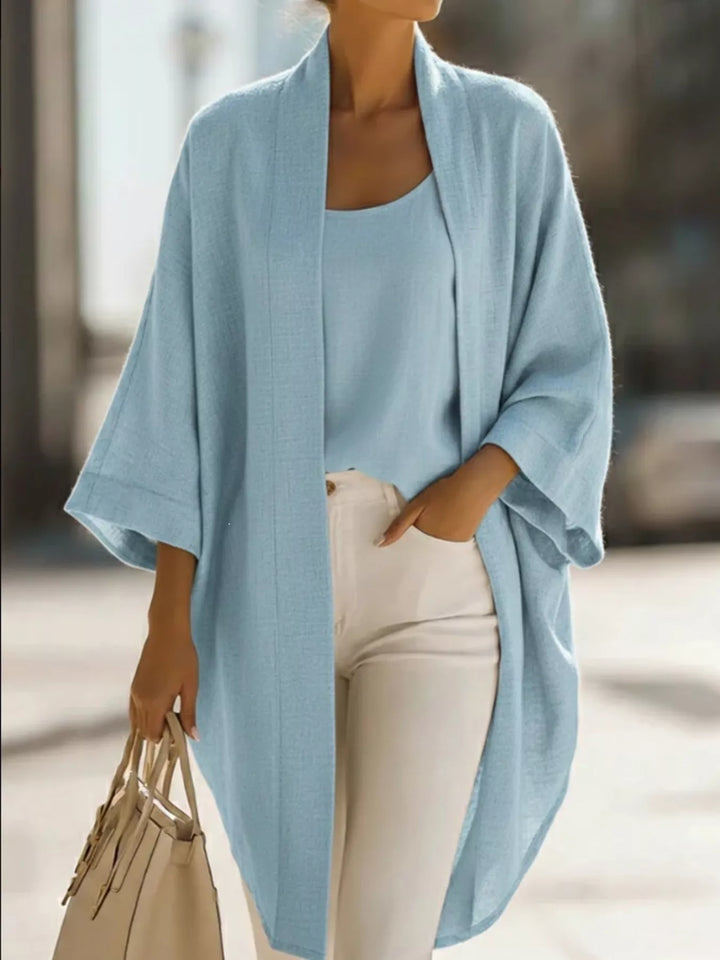 Women's sky blue two piece set with open front kimono cardigan and tank