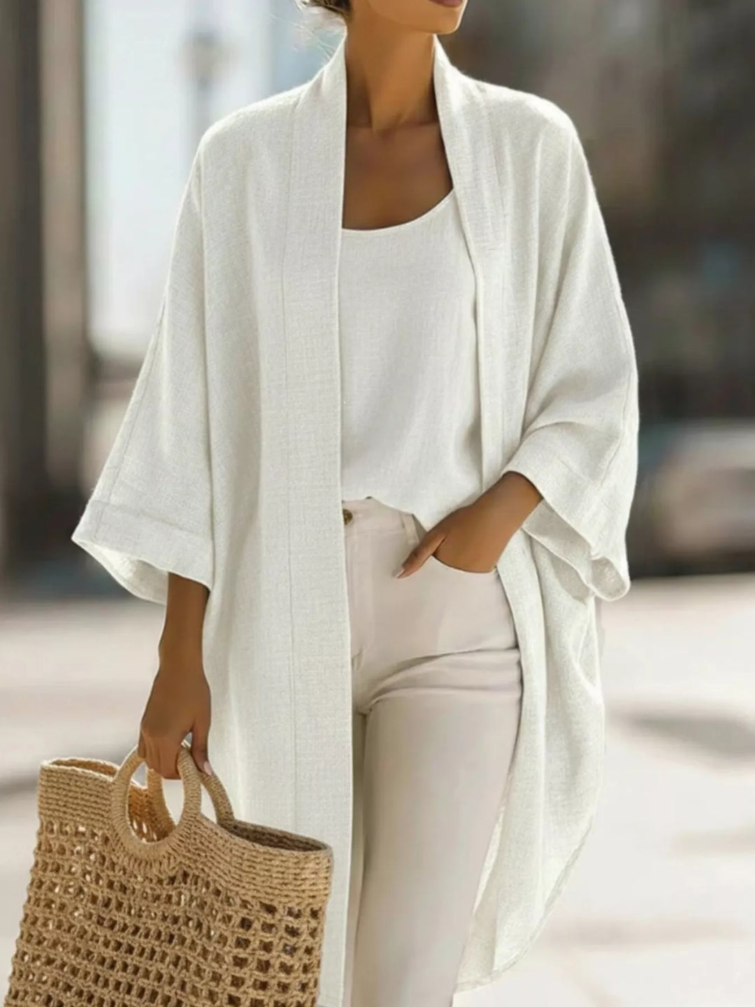 White kimono cardigan and tank set, front view with woven tote bag