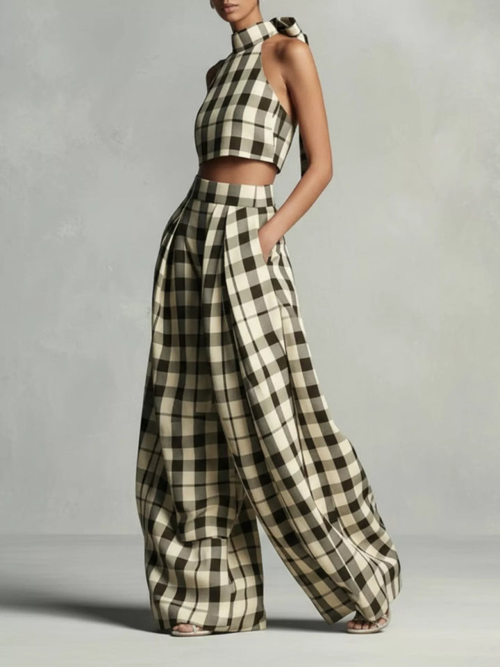 Plaid halter crop top and barrel pants set, angled side view