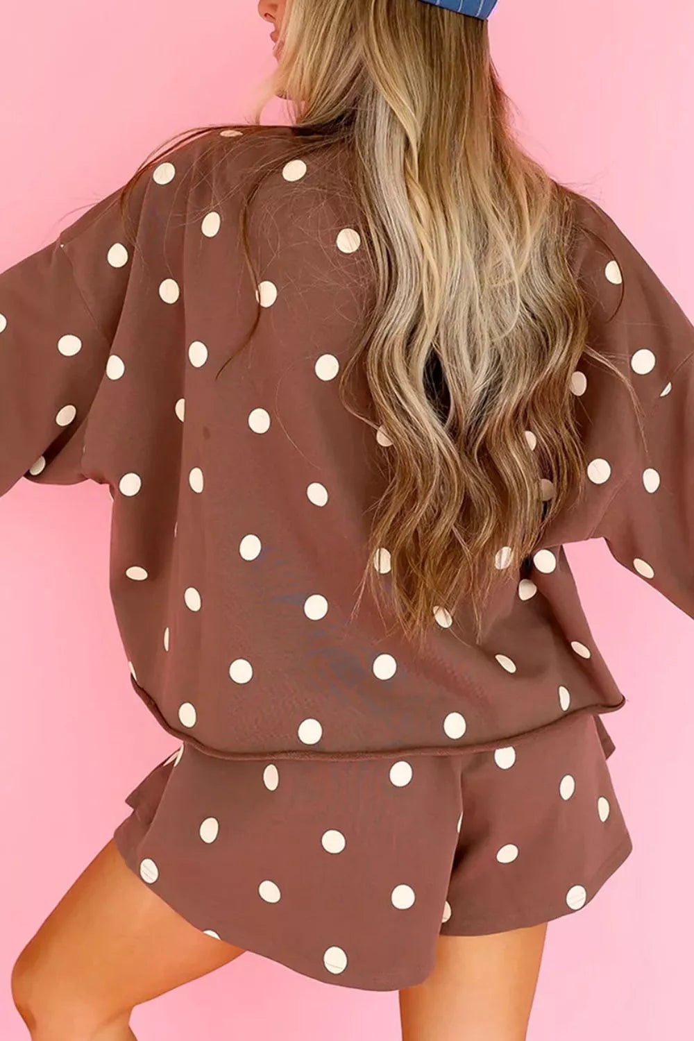 Back and side view of the brown polka dot two piece set