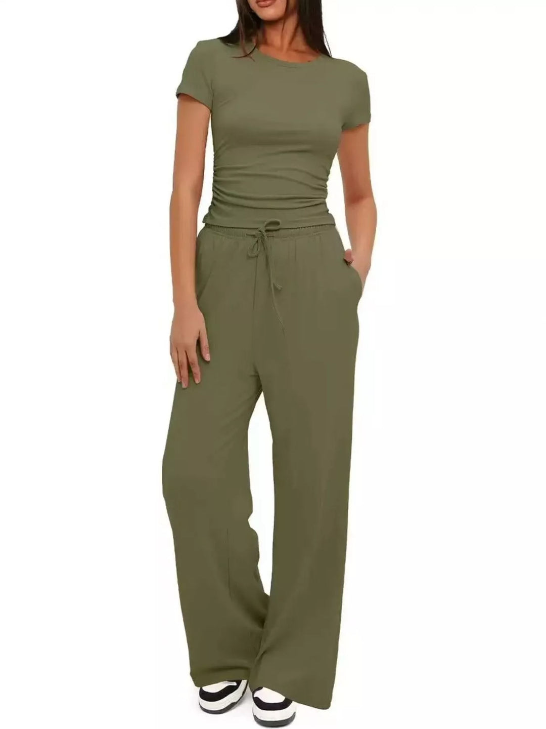 Army green ruched crop top and drawstring wide leg pants set