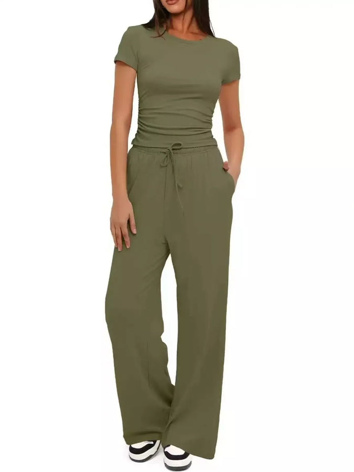 Army green ruched crop top and drawstring wide leg pants set