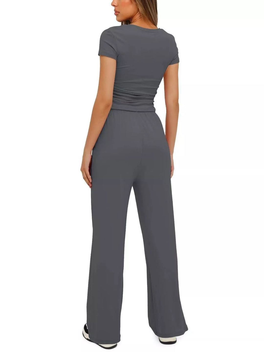 Back view of the charcoal crop top and wide leg pants set